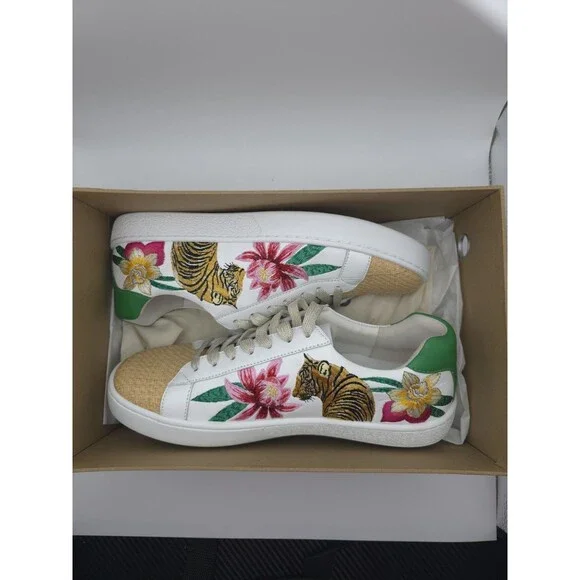 JOHNNY WAS Maisie White Leather Tropical Tiger Embroidered Sneakers ~ Womens 7.5 - Picture 2 of 13